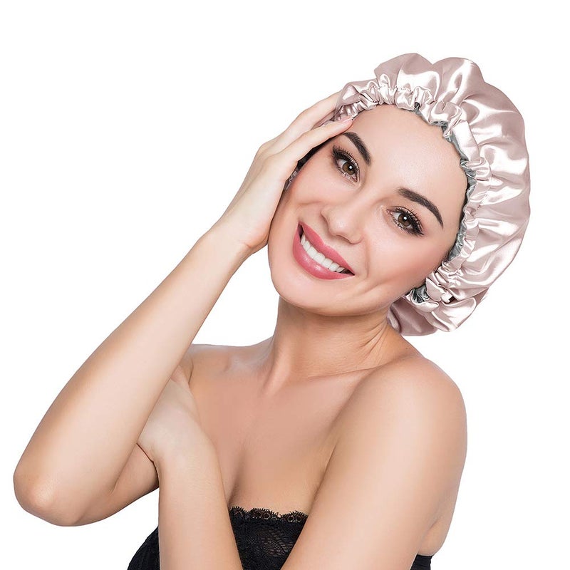 ELIHAIR قبعة النوم الساتانية القابلة للتعديل من ELIHAIR بونيت بقماش حريري مزدوج الطبقة باللون الشمبانيا/الرمادي - Image 2